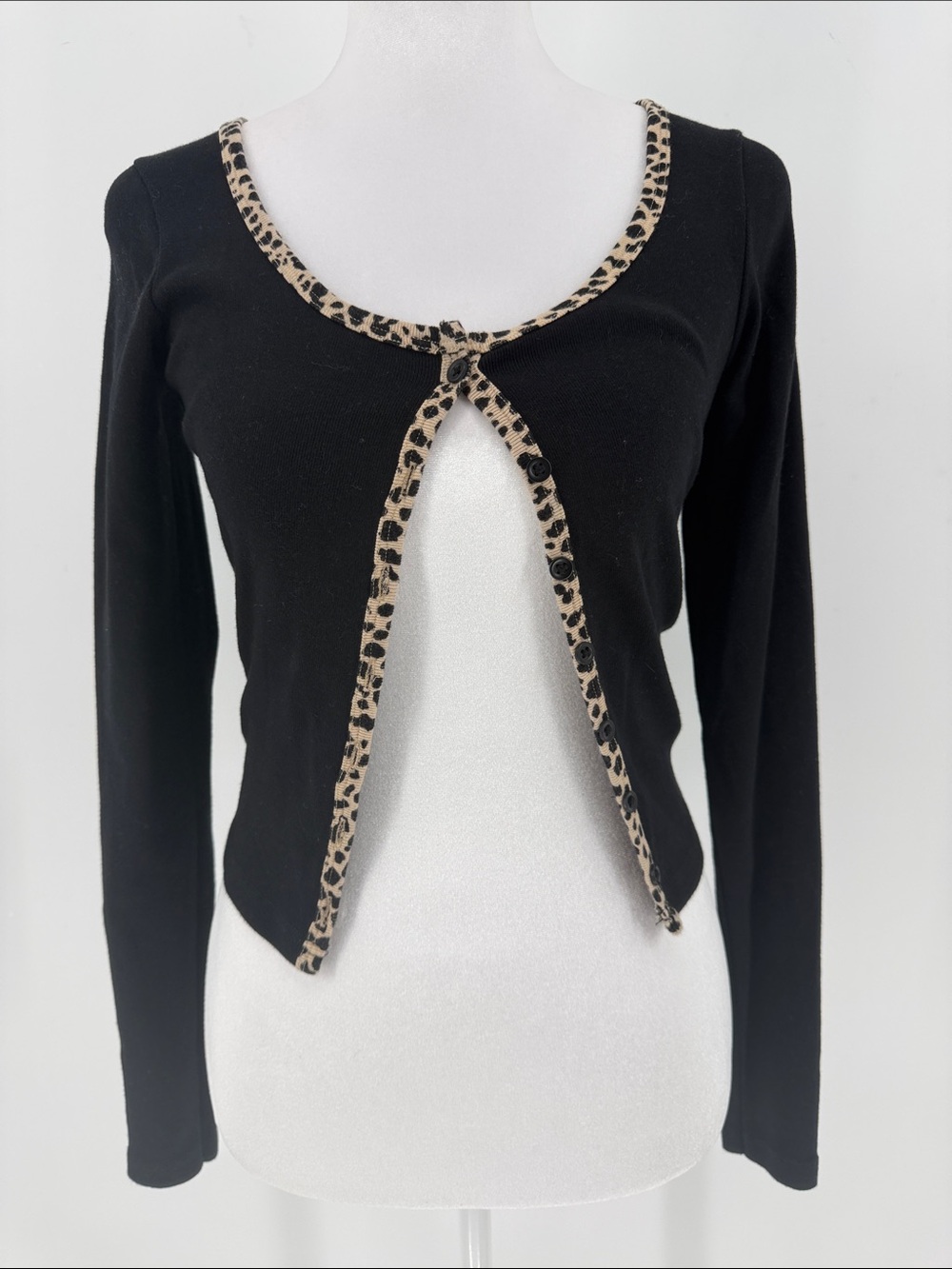 John Galt Brandy Melville Black Leopard Trim Cardigan One Size Y2K Coquette